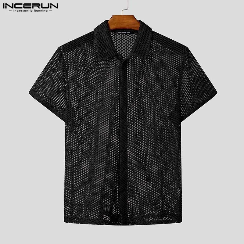 INCERUN Men Shirt Hollow Out Mesh See Through Lapel Short Sleeve Sexy Summer Male Shirts Streetwear 2025 Fashion Unisex Tops - Image 5