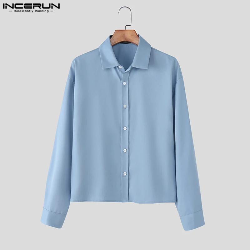 INCERUN Men Shirt Solid Color Lapel Long Sleeve Button Loose Crop Tops Men Streetwear 2025 Fashion Casual Men Clothing S-5XL - Image 4