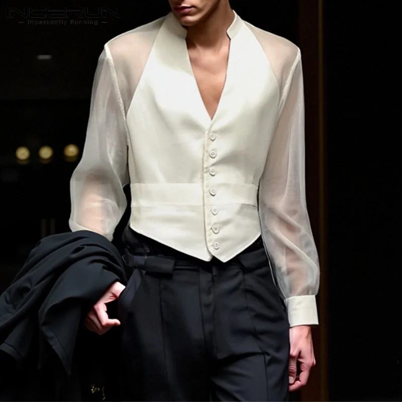 INCERUN Men Shirt Mesh Patchwork V Neck Long Sleeve Transparent Sexy Casual Male Shirts Streetwear Fashion Party Camisas 2025 - Image 2
