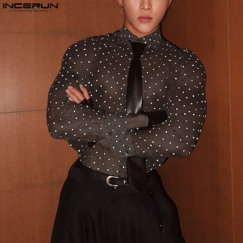 INCERUN Men Shirt Polka Dot Printing Lapel Long Sleeve Button Men Clothing Mesh See Through Loose Fashion Male Shirts Streetwear - Image 2