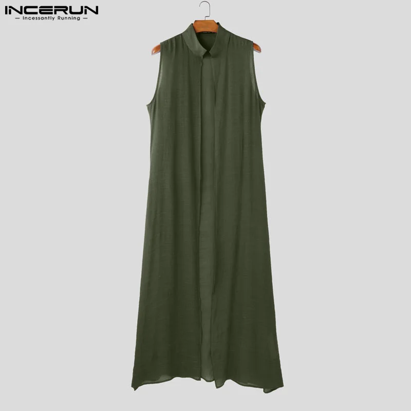 INCERUN Men Long Style Shirt Solid Color Stand Collar Sleeveless Open Stitch Cardigan Men Streetwear 2025 Fashion Outerwear - Image 4