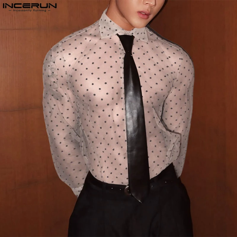 INCERUN Men Shirt Polka Dot Printing Lapel Long Sleeve Button Men Clothing Mesh See Through Loose Fashion Male Shirts Streetwear - Image 3