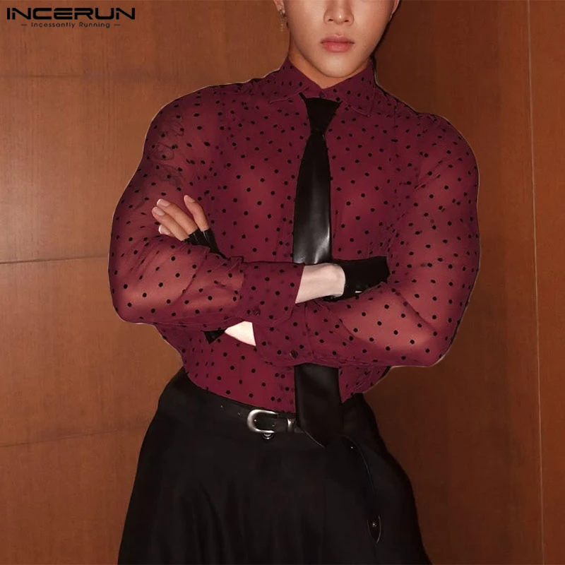 INCERUN Men Shirt Polka Dot Printing Lapel Long Sleeve Button Men Clothing Mesh See Through Loose Fashion Male Shirts Streetwear - Image 4