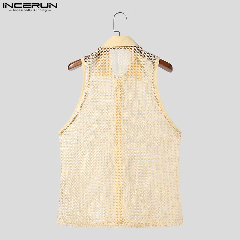 INCERUN 2025 Men's Shirt Lapel Sleeveless Button Mesh Hollow Out Sexy Male Shirts Streetwear Summer See Through Men Clothing - Image 5