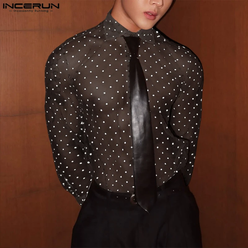 INCERUN Men Shirt Polka Dot Printing Lapel Long Sleeve Button Men Clothing Mesh See Through Loose Fashion Male Shirts Streetwear