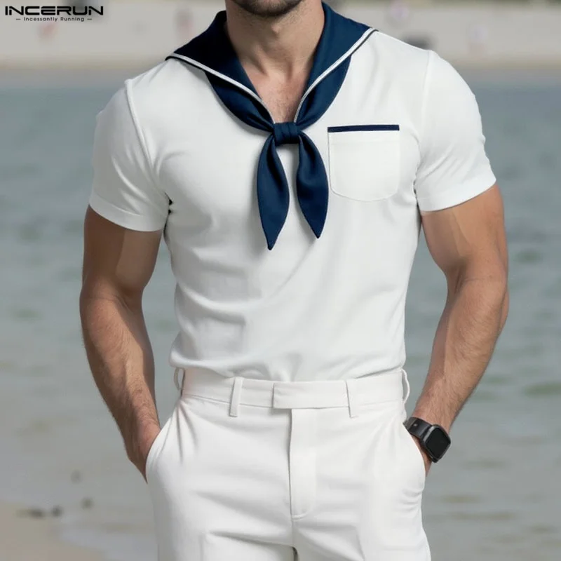 INCERUN Men T Shirt Patchwork Summer Navy Collar Short Sleeve Male Tee Tops Streetwear 2025 Pockets Fashion Casual Men Clothing - Image 2