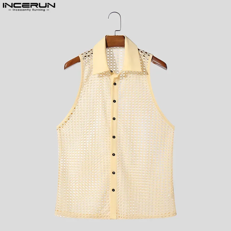 INCERUN 2025 Men's Shirt Lapel Sleeveless Button Mesh Hollow Out Sexy Male Shirts Streetwear Summer See Through Men Clothing - Image 4