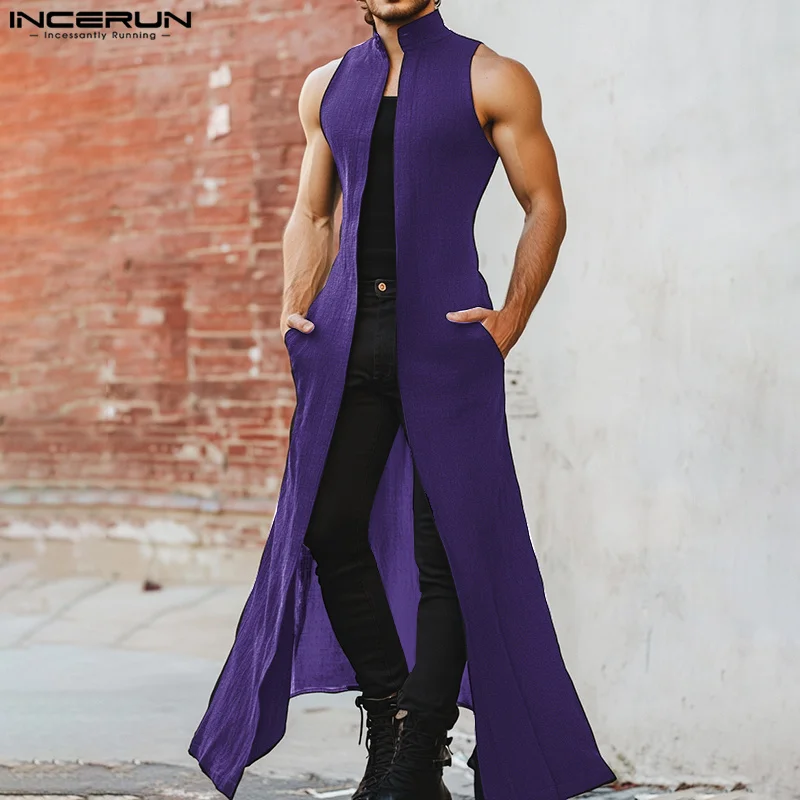 INCERUN Men Long Style Shirt Solid Color Stand Collar Sleeveless Open Stitch Cardigan Men Streetwear 2025 Fashion Outerwear