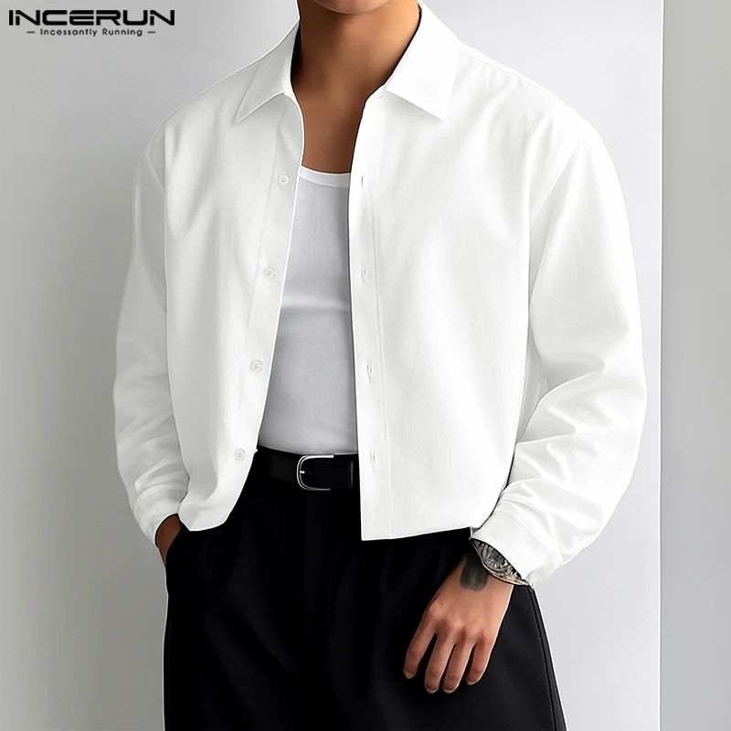 INCERUN Men Shirt Solid Color Lapel Long Sleeve Button Loose Crop Tops Men Streetwear 2025 Fashion Casual Men Clothing S-5XL - Image 3