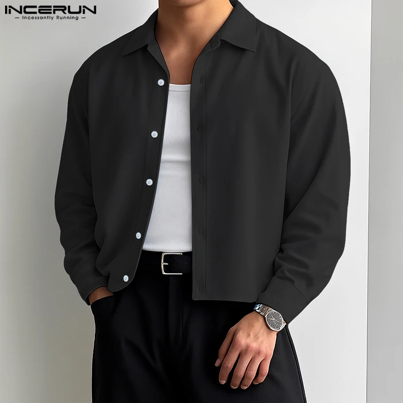 INCERUN Men Shirt Solid Color Lapel Long Sleeve Button Loose Crop Tops Men Streetwear 2025 Fashion Casual Men Clothing S-5XL - Image 2