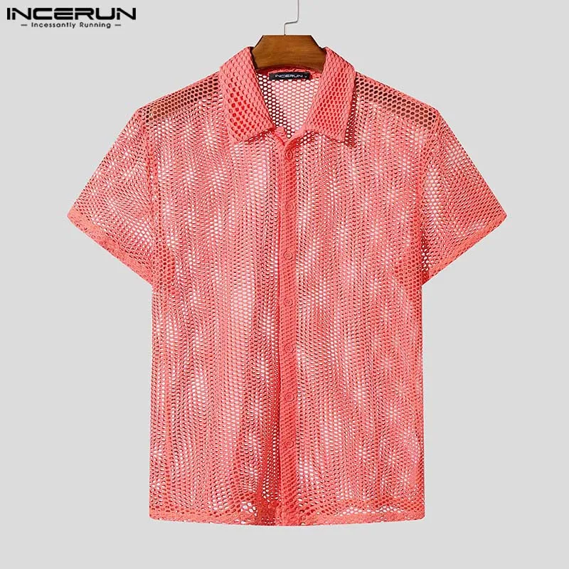 INCERUN Men Shirt Hollow Out Mesh See Through Lapel Short Sleeve Sexy Summer Male Shirts Streetwear 2025 Fashion Unisex Tops - Image 3