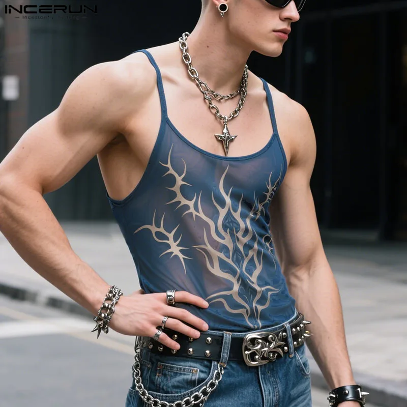 INCERUN Men Tank Tops Printing O-neck Sleeveless Summer Mesh Male Vests See Through Streetwear Sexy Fashion Crop Tops Men S-5XL - Image 2