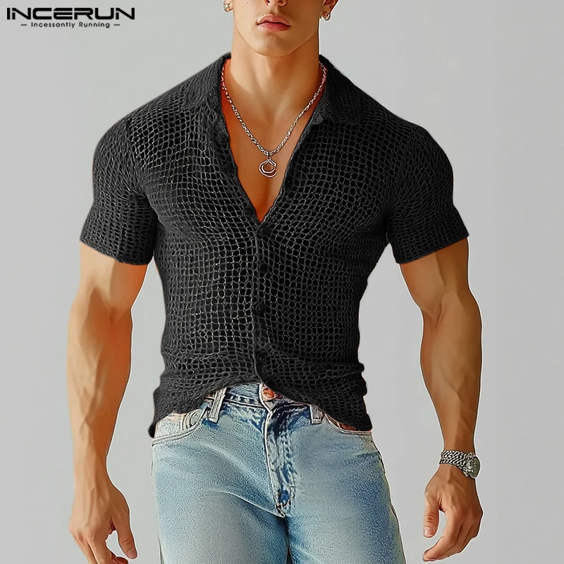 INCERUN Men Shirt Hollow Out Mesh See Through Lapel Short Sleeve Sexy Summer Male Shirts Streetwear 2025 Fashion Unisex Tops - Image 2