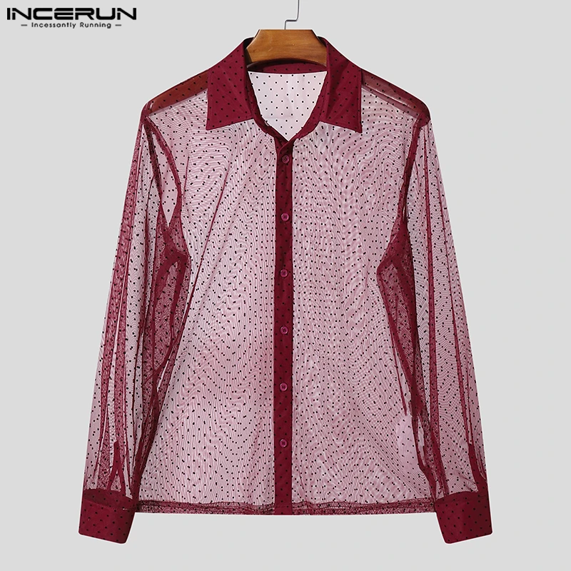 INCERUN Men Shirt Polka Dot Printing Lapel Long Sleeve Button Men Clothing Mesh See Through Loose Fashion Male Shirts Streetwear - Image 5