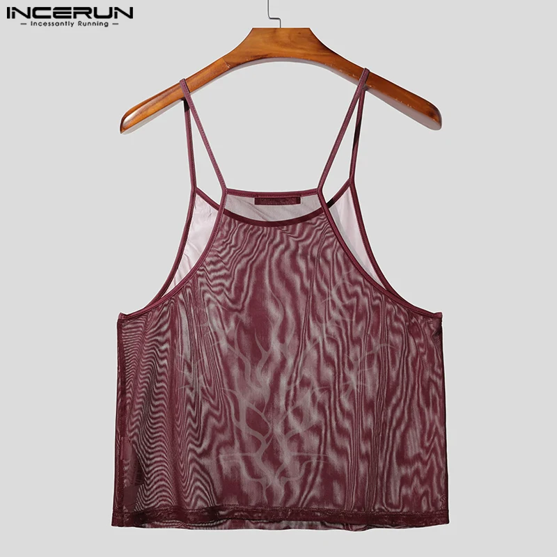 INCERUN Men Tank Tops Printing O-neck Sleeveless Summer Mesh Male Vests See Through Streetwear Sexy Fashion Crop Tops Men S-5XL - Image 5