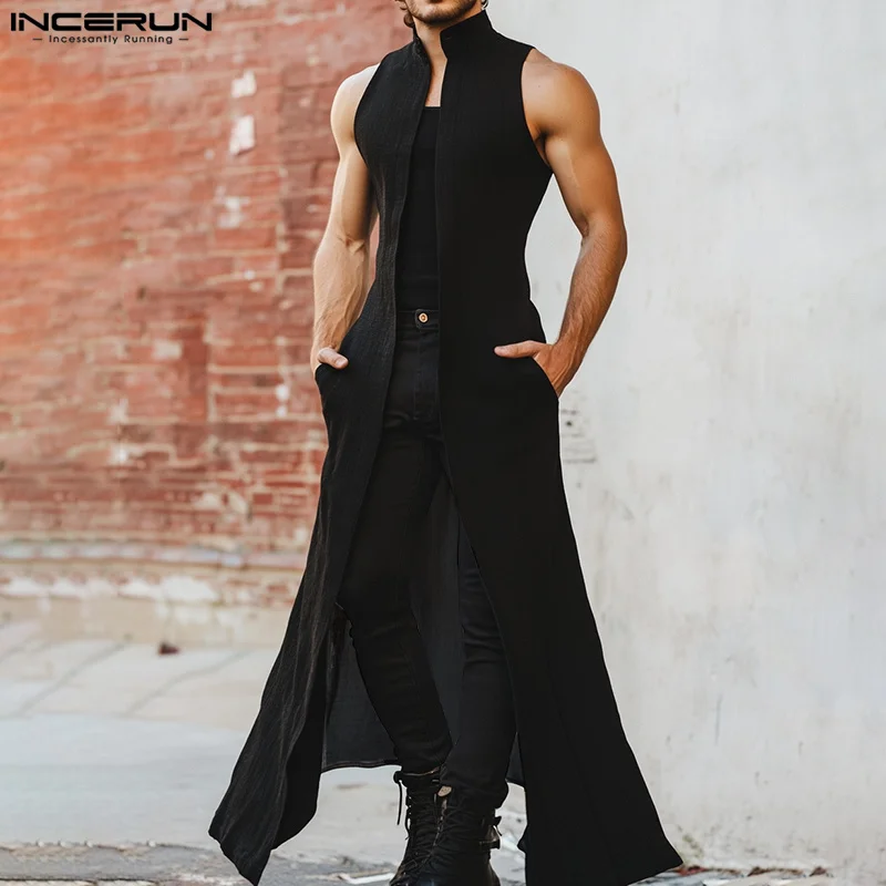 INCERUN Men Long Style Shirt Solid Color Stand Collar Sleeveless Open Stitch Cardigan Men Streetwear 2025 Fashion Outerwear - Image 3