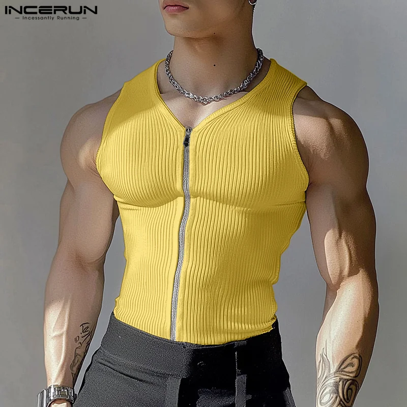 Sleeveless Tank Tops INCERUN Fashion Sexy Solid Color Zipper Men Tops Tee Tank V Neck Tops Men's Clothing Skinny Streetwear