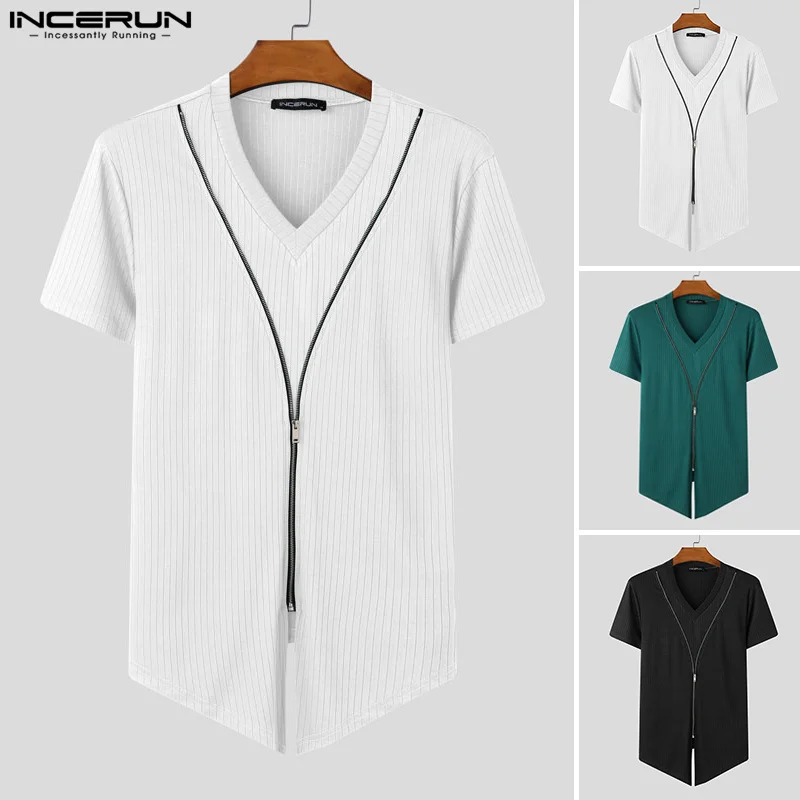 Short Sleeve Tops Tee Fashion Zipper Men T-Shirts Solid Color Irregular Tops INCERUN V Neck 2025 Party Streetwear Oversize Tee - Image 2
