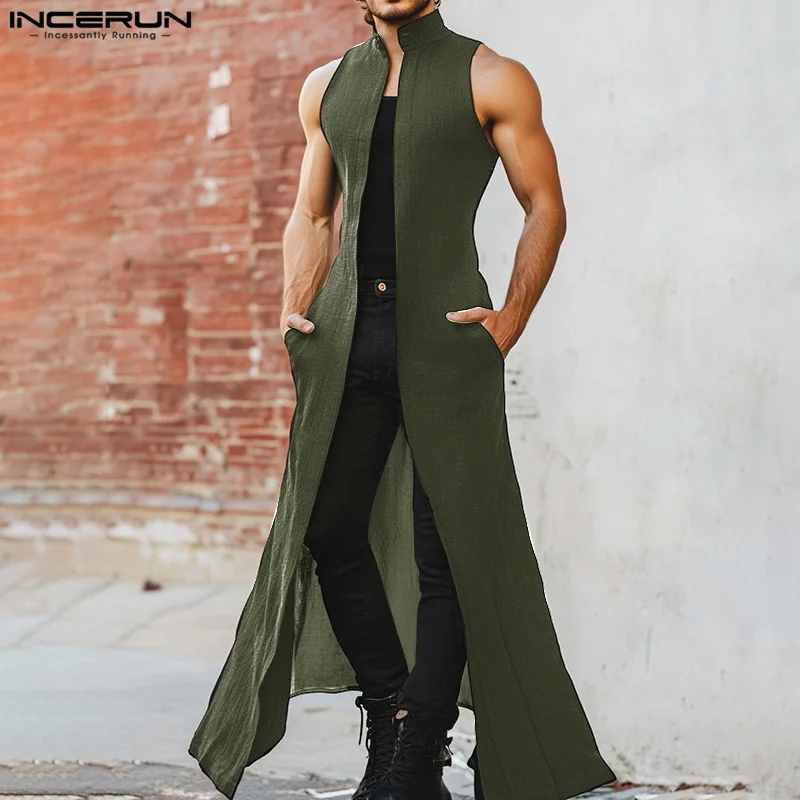 INCERUN Men Long Style Shirt Solid Color Stand Collar Sleeveless Open Stitch Cardigan Men Streetwear 2025 Fashion Outerwear - Image 2
