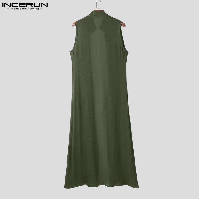 INCERUN Men Long Style Shirt Solid Color Stand Collar Sleeveless Open Stitch Cardigan Men Streetwear 2025 Fashion Outerwear - Image 5