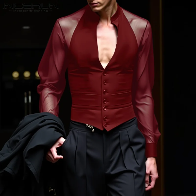 INCERUN Men Shirt Mesh Patchwork V Neck Long Sleeve Transparent Sexy Casual Male Shirts Streetwear Fashion Party Camisas 2025 - Image 3