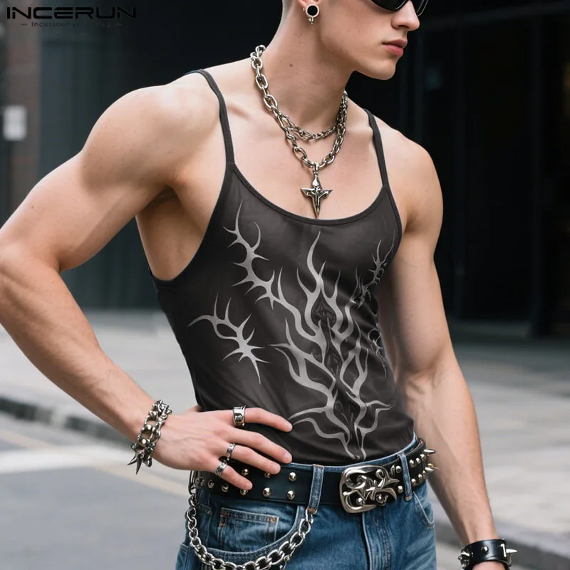 INCERUN Men Tank Tops Printing O-neck Sleeveless Summer Mesh Male Vests See Through Streetwear Sexy Fashion Crop Tops Men S-5XL - Image 3