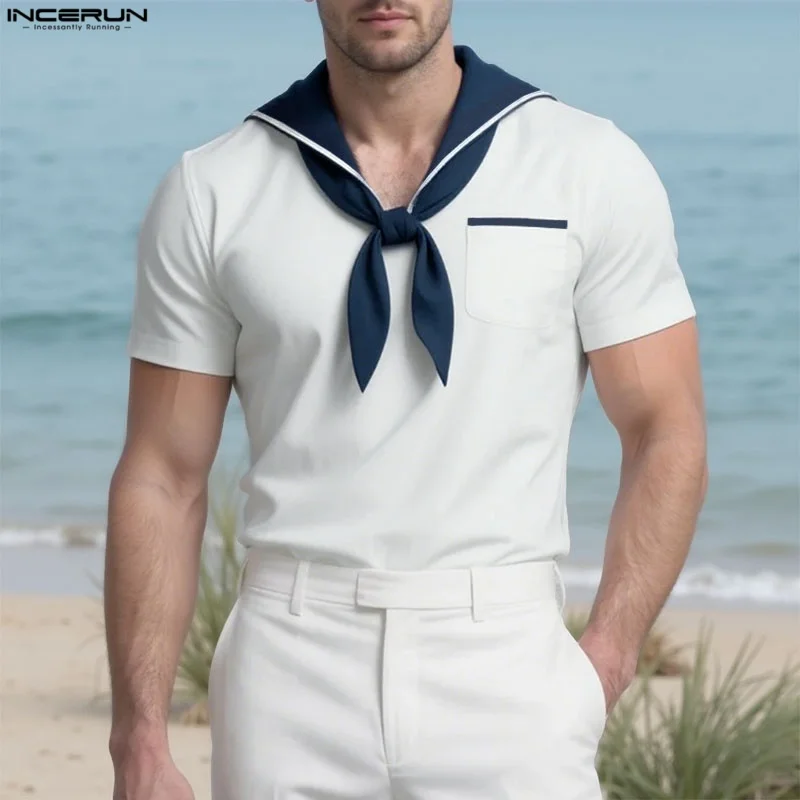INCERUN Men T Shirt Patchwork Summer Navy Collar Short Sleeve Male Tee Tops Streetwear 2025 Pockets Fashion Casual Men Clothing