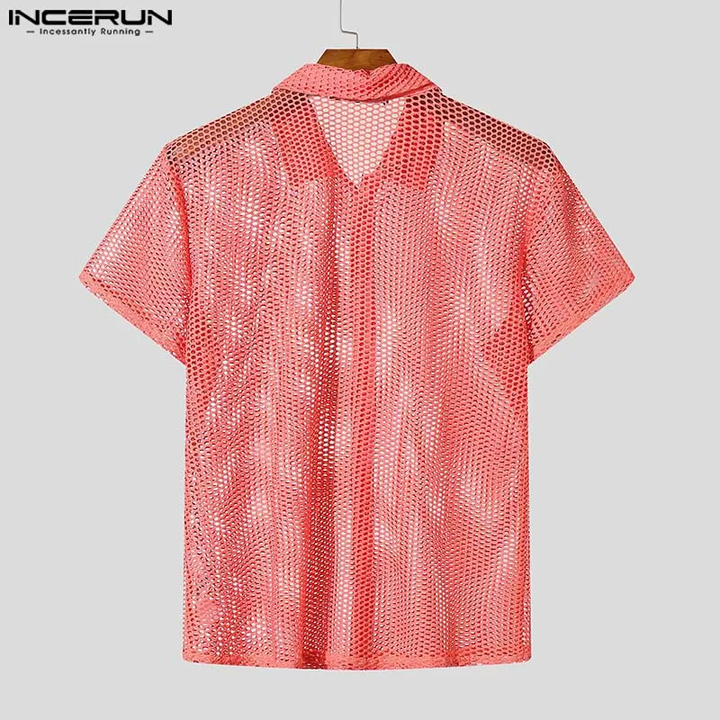 INCERUN Men Shirt Hollow Out Mesh See Through Lapel Short Sleeve Sexy Summer Male Shirts Streetwear 2025 Fashion Unisex Tops - Image 4